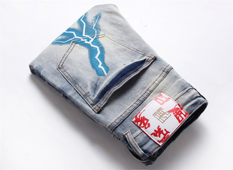 Vintage Blue Lightning Print Ripped Men Jeans
