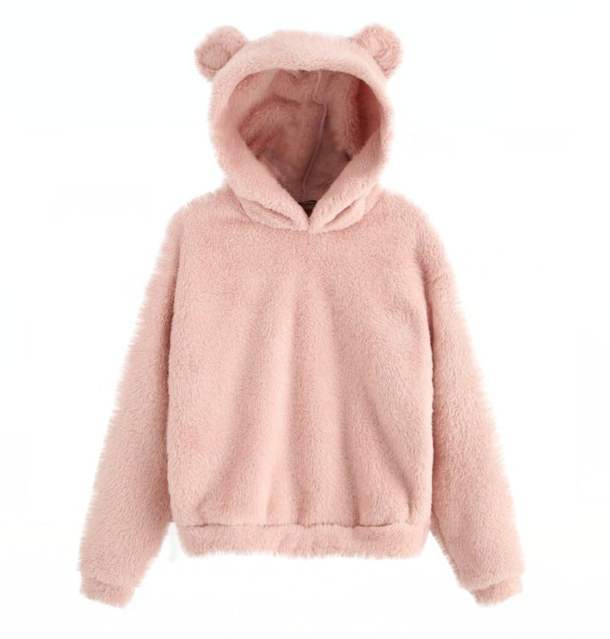Women Fluffy Long Sleeve Bear Ear Hood Sweatshirt Loose Drop Shoulder Pullover Fuzzy Hoodies Solid Fleece Bear Hoodie
