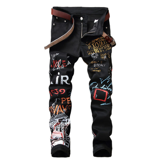 Men's Punk Graffiti Printed Designer Jeans Pants Fashion Denim Slim Fit Trousers