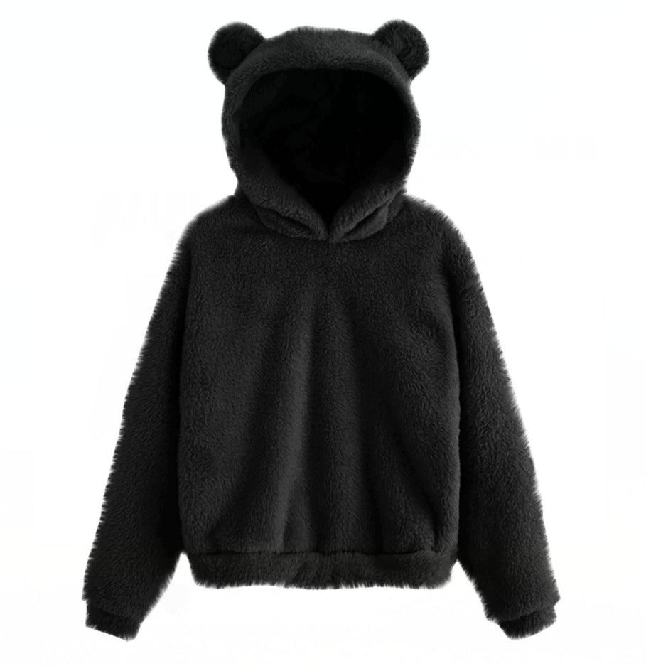 Women Fluffy Long Sleeve Bear Ear Hood Sweatshirt Loose Drop Shoulder Pullover Fuzzy Hoodies Solid Fleece Bear Hoodie