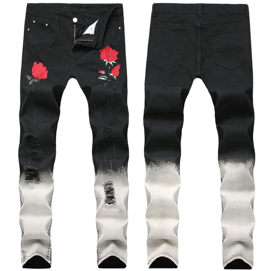 Men's Designer Casual Black Embroidered Rose Ripped Paint Denim Trousers