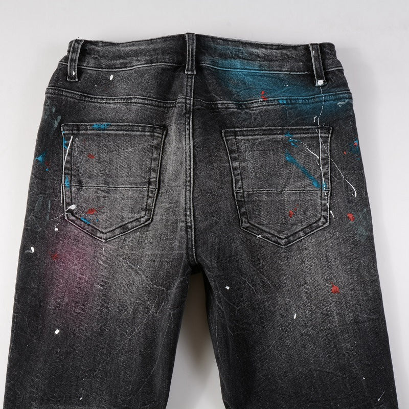 Men's Ripped Jeans,Slim Fit Distressed Straight Leg Fashion Paint Splash Pants