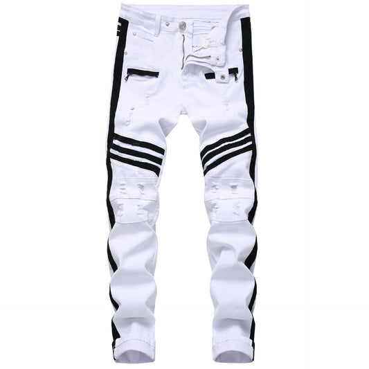 White Denim patchwork Skinny Fit Ripped Stretchy Men Jeans