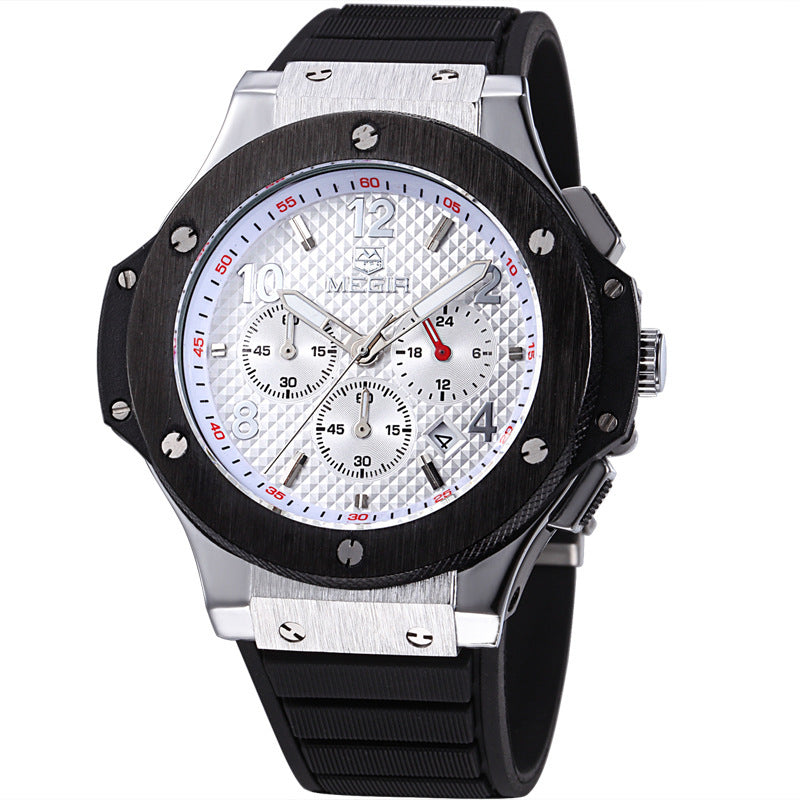 Big Face Black Dial Six Hands Chronograph Sport Watch Megir Brand Watch