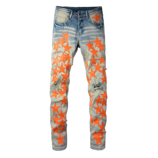 Men's Designer Light Orange Star Perforated Patch Ripped Jeans