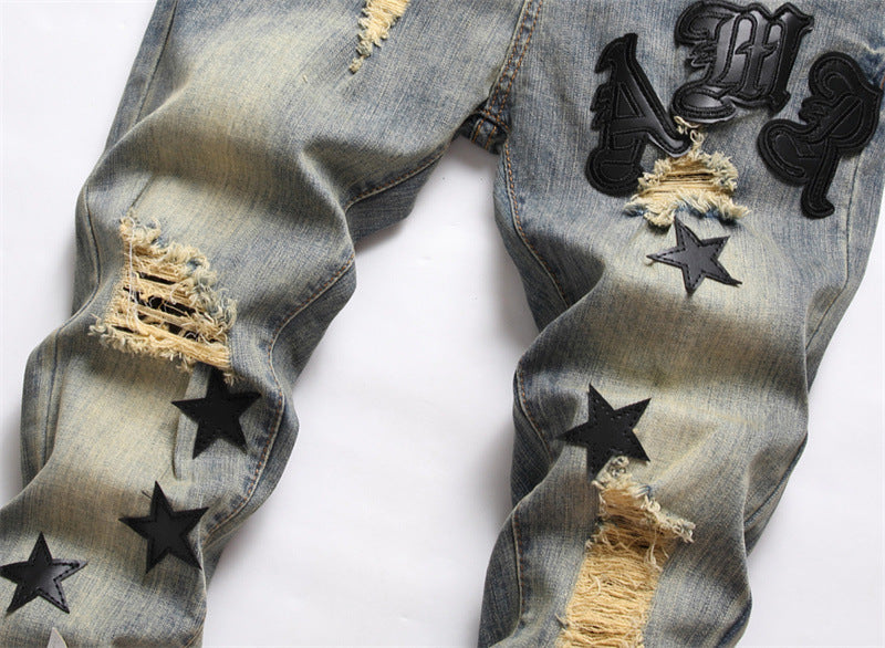 Men's Stars Embroidery Patchwork Ripped Skinny Fit Denim Distressed