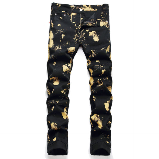 Men's Designer Jeans Digital Printing Gold Flakes Paint