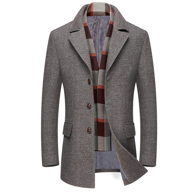 Men Thicken Lapel Scarf Collar Wool Trench Coat Mid-Length Cotton-Padded Jacket
