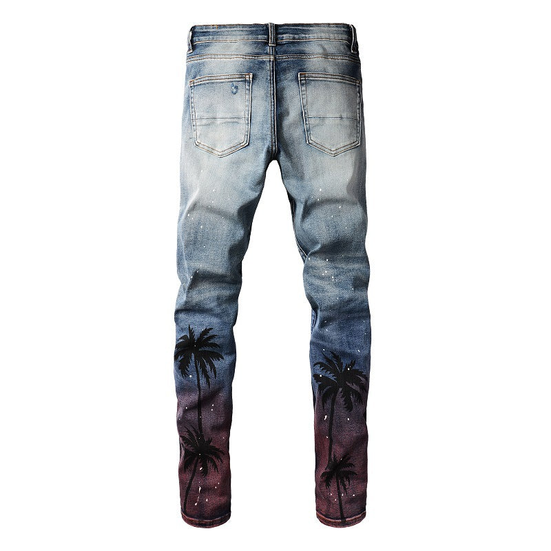 Gradient Tropical Palm Printed Slim Fit Jeans