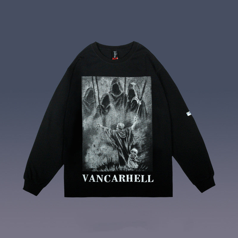VANCARHELL Dark Black Printed Plush Loose Sweatshirt