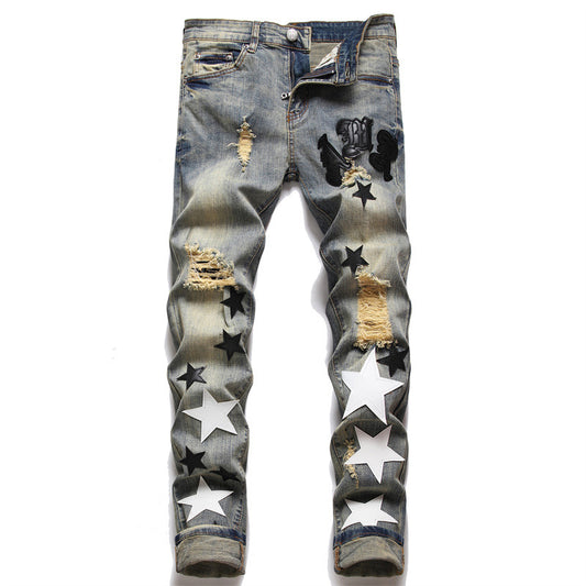 Men's Stars Embroidery Patchwork Ripped Skinny Fit Denim Distressed